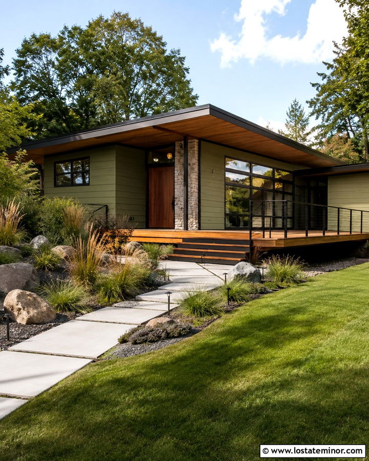 Olive Green Midcentury House With Floating Deck - 30 Olive Green House Design With Deck Ideas