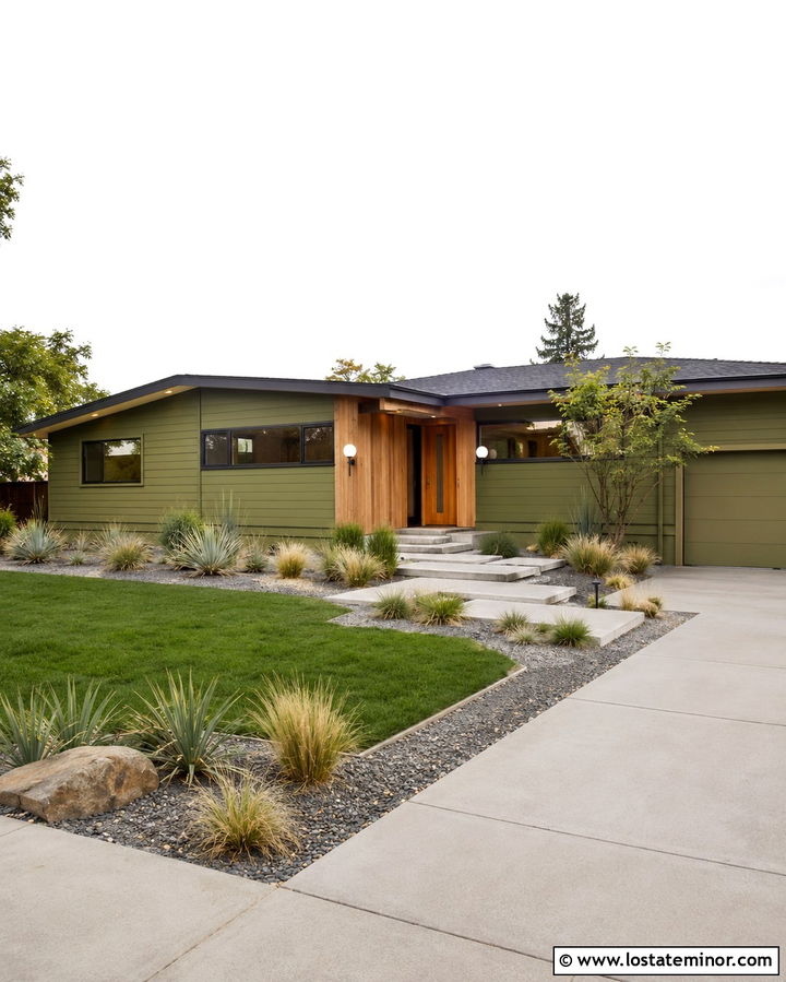 Olive Green Midcentury House With Globe Lights - 30 Olive Green House Design With Light Fixtures Ideas