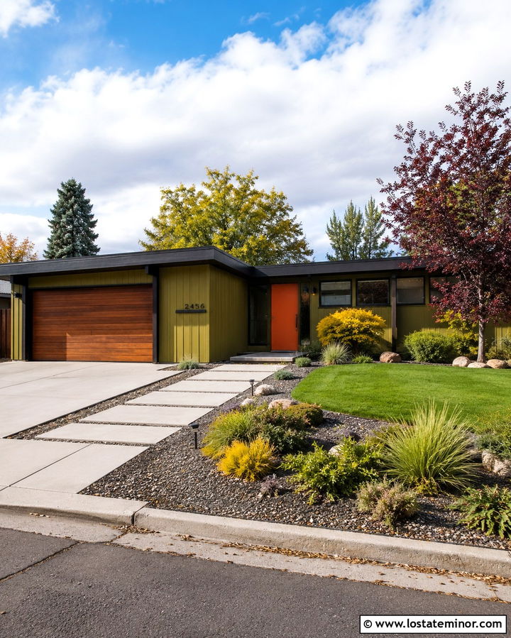 Olive Green Midcentury House With Horizontal House Numbers - 30 Olive Green House Design With House Numbers Ideas