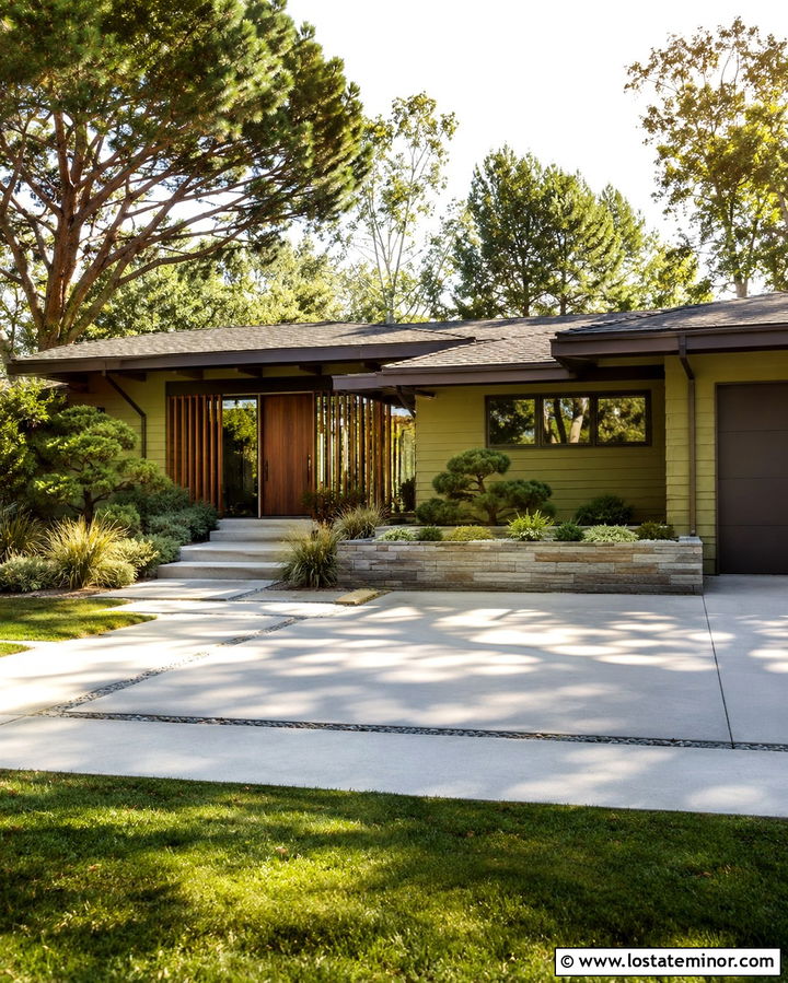 Olive Green Midcentury House With Low Pitch Shingles - 30 Olive Green House Design With Shingles Ideas