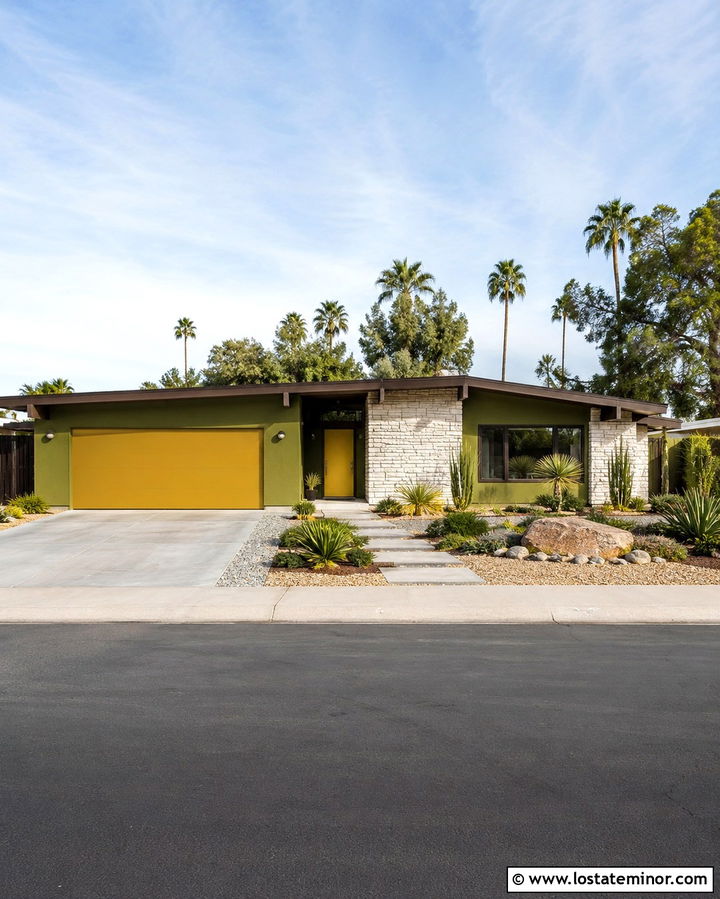 Olive Green Midcentury House With Ochre Garage Door - 30 Olive Green House Design With Garage Door Ideas