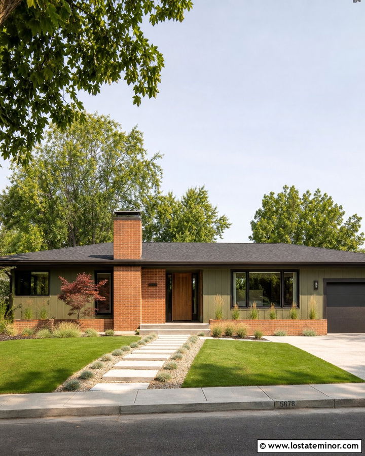 Olive Green Midcentury House With Orange Brick - 30 Olive Green House Design With Brick Accents Ideas