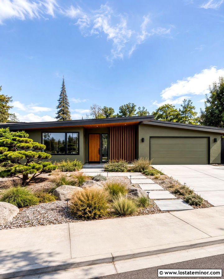 Olive Green Midcentury House With Ornamental Grasses - 30 Olive Green House Design With Front Yard Ideas