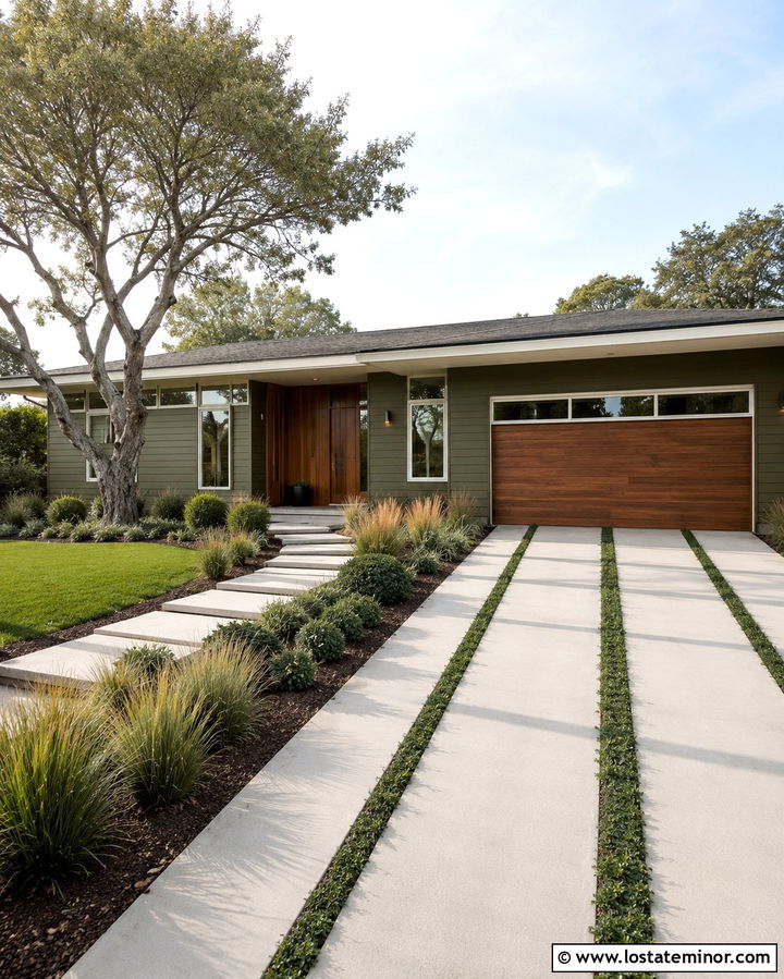 Olive Green Midcentury House With Ribbon Driveway - 30 Olive Green House Design With Driveway Ideas