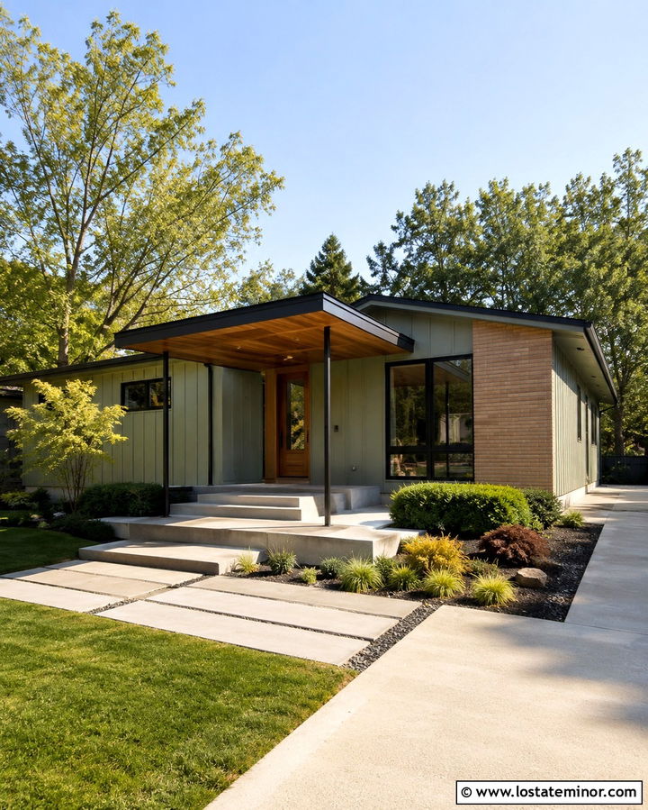 Olive Green Midcentury House With Shed Roof Porch - 30 Olive Green House Design With Front Porch Ideas