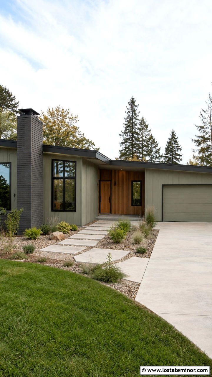 Olive Green Midcentury House With Slim Chimney - 30 Olive Green House Design With Chimney Ideas