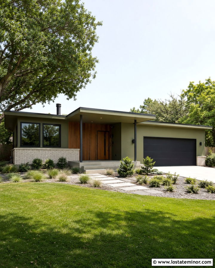 Olive Green Midcentury House With Slim Porch Posts - 30 Olive Green House Design With Porch Columns Ideas