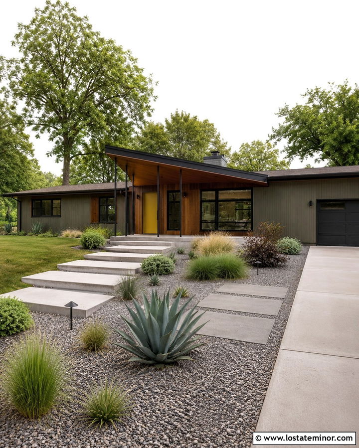 Olive Green Midcentury House With Sloped Portico - 30 Olive Green House Design With Portico Ideas