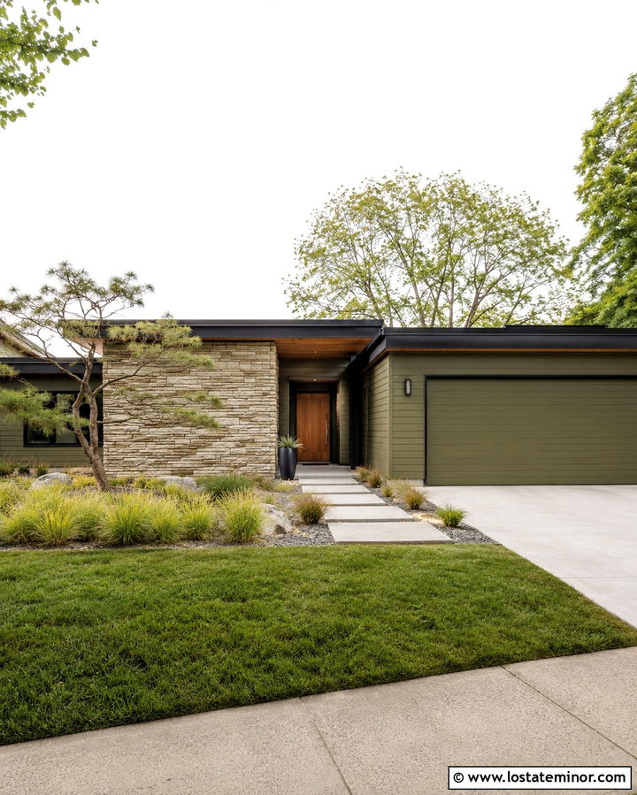 Olive Green Midcentury House With Stone Wall - 30 Olive Green House Design With Stone Accents Ideas