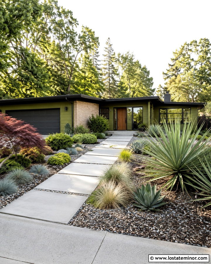 Olive Green Midcentury House With Structural Plants - 30 Olive Green House Design With Landscaping Ideas