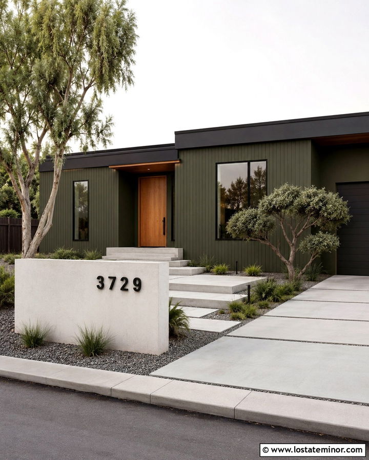 Olive Green Minimalist House With Address Wall - 30 Olive Green House Design With House Numbers Ideas