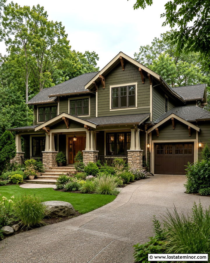 Olive Green Mixed Siding With Bronze Window Frames - 30 Olive Green House Design With Window Frames Ideas