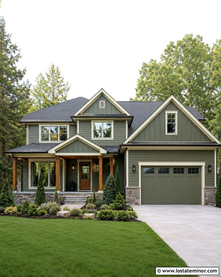 Olive Green Mixed Siding With Matching Garage - 30 Olive Green House Design With Siding Ideas