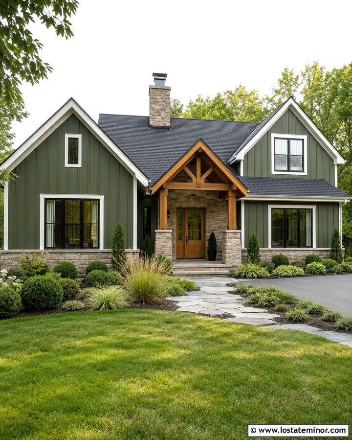 Olive Green Modern Cottage With Stone Porch - 30 Olive Green House Design With Stone Accents Ideas