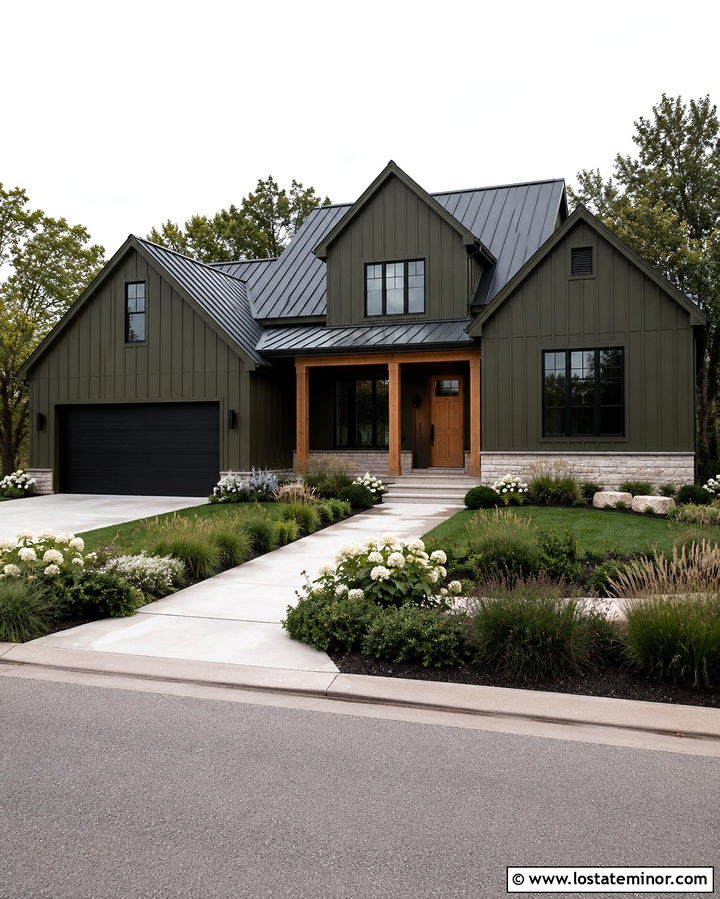 Olive Green Modern Farmhouse With Black Garage Door - 30 Olive Green House Design With Garage Door Ideas