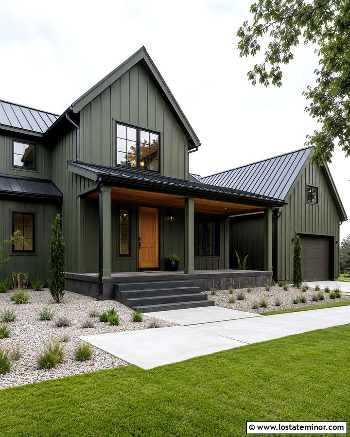 Olive Green Modern Farmhouse With Black Steps - 30 Olive Green House Design With Steps Ideas