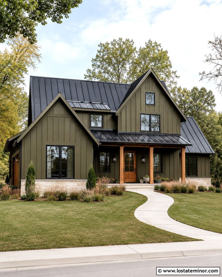 Olive Green Modern Farmhouse With Black Window Frames - 30 Olive Green House Design With Window Frames Ideas