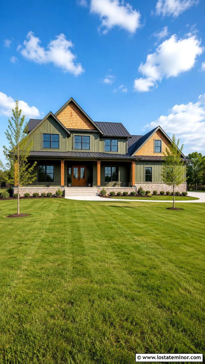 Olive Green Modern Farmhouse With Cedar Shake Gables - 30 Olive Green House Design With Cedar Shake Ideas
