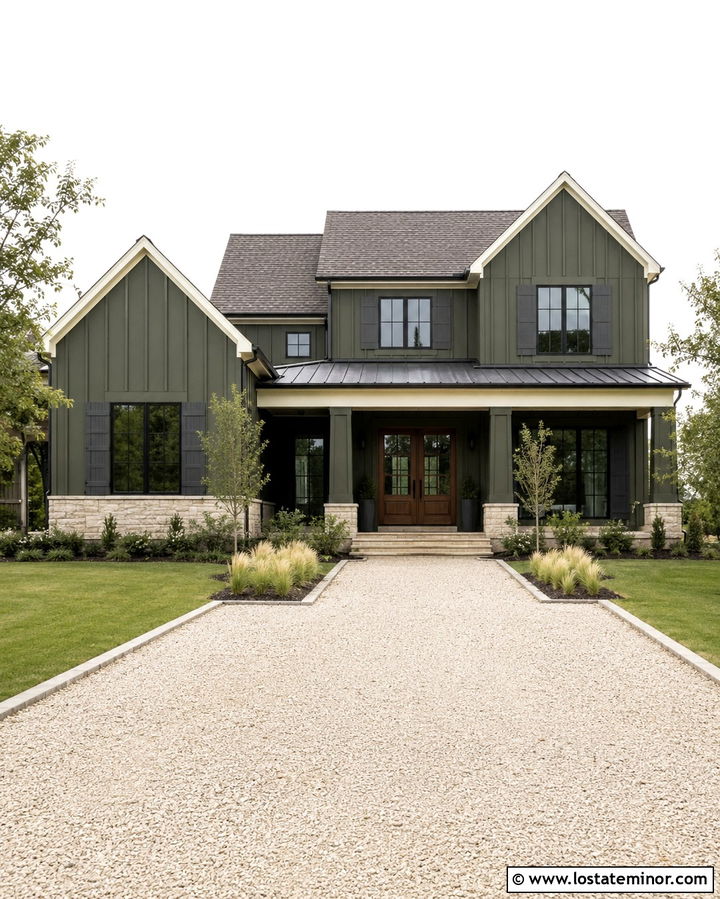 Olive Green Modern Farmhouse With Charcoal Shutters - 30 Olive Green House Design With Shutters Ideas