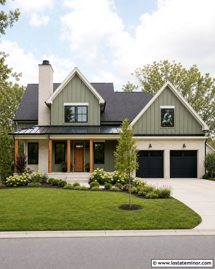 Olive Green Modern Farmhouse With Cream Brick - 30 Olive Green House Design With Brick Accents Ideas