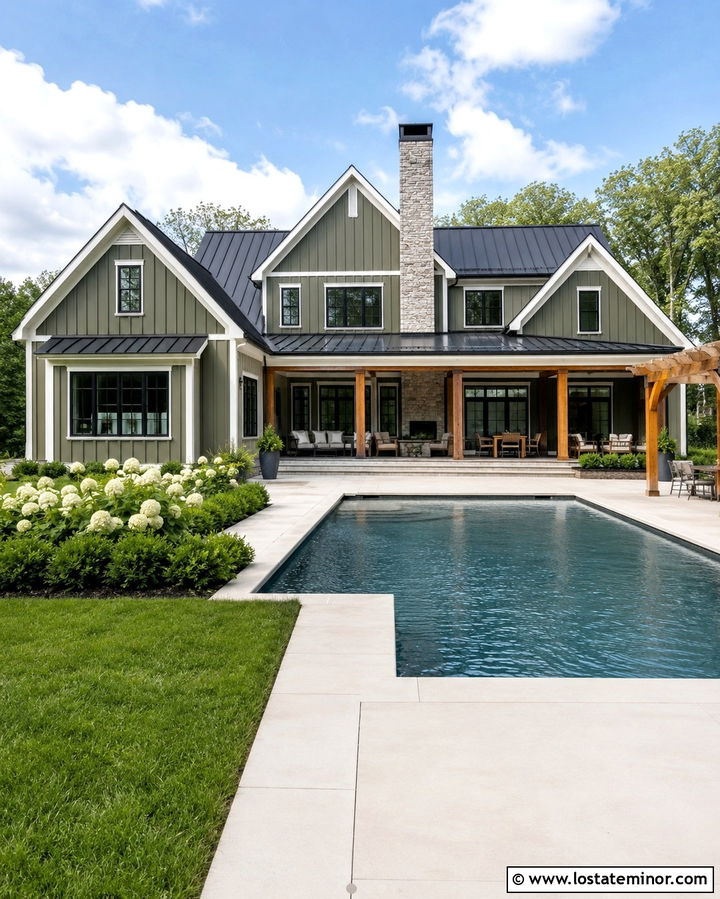 Olive Green Modern Farmhouse With Rectangular Pool - 30 Olive Green House Design With Swimming Pool Ideas