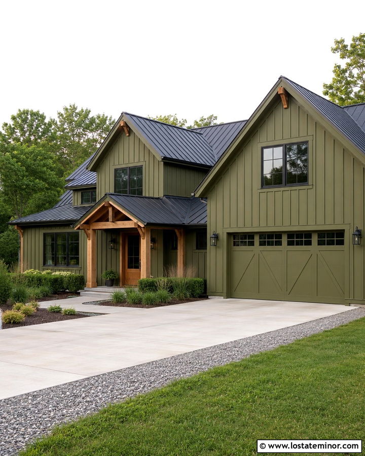Olive Green Modern Farmhouse With Wood Columns - 30 Olive Green House Design With Porch Columns Ideas