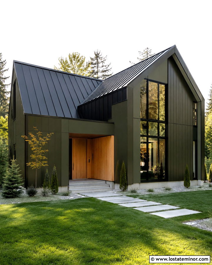 Olive Green Modern House With Asymmetrical Gables - 30 Olive Green House Design With Gables Ideas