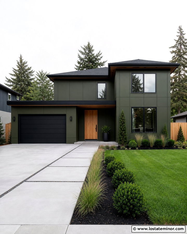 Olive Green Modern House With Black Garage Door - 30 Olive Green House Design With Accents Ideas