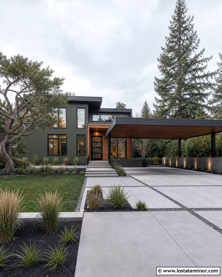 Olive Green Modern House With Cantilevered Carport - 30 Olive Green House Design With Carport Ideas