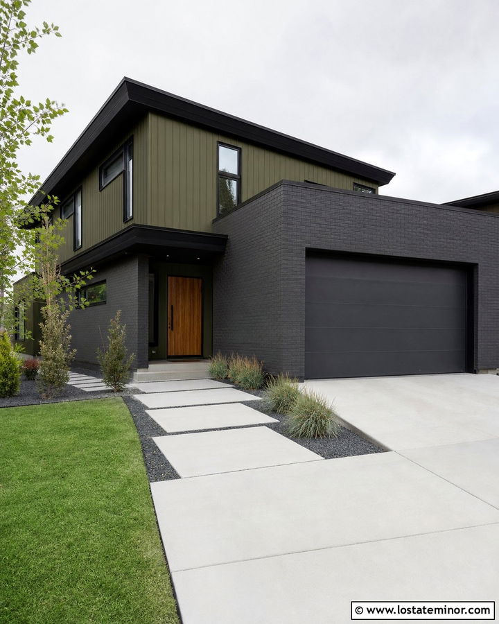 Olive Green Modern House With Charcoal Brick - 30 Olive Green House Design With Brick Accents Ideas