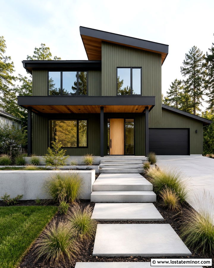Olive Green Modern House With Concrete Front Porch - 30 Olive Green House Design With Front Porch Ideas