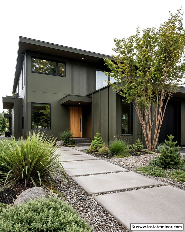 Olive Green Modern House With Concrete Landscaping - 30 Olive Green House Design With Front Yard Ideas