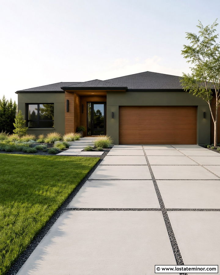 Olive Green Modern House With Concrete Pavers - 30 Olive Green House Design With Driveway Ideas