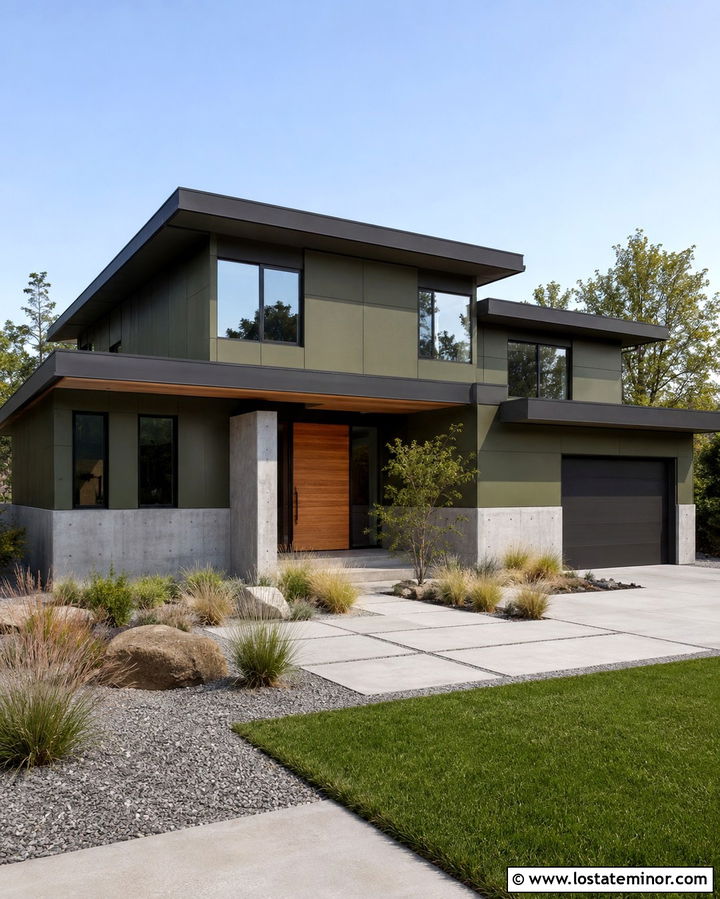 Olive Green Modern House With Concrete Wainscoting - 30 Olive Green House Design With Wainscoting Ideas