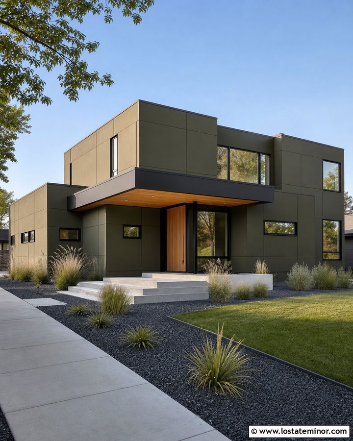 Olive Green Modern House With Flat Awning - 30 Olive Green House Design With Awning Ideas