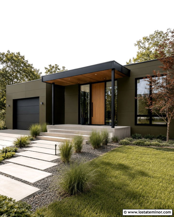 Olive Green Modern House With Flat Portico - 30 Olive Green House Design With Portico Ideas