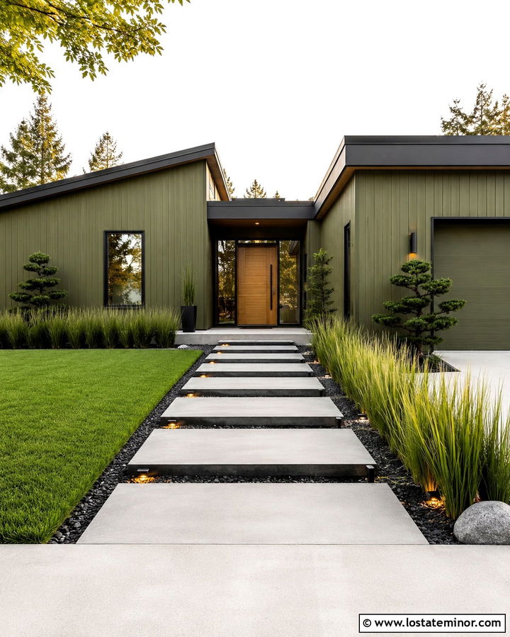 Olive Green Modern House With Floating Concrete Walkway - 30 Olive Green House Design With Walkway Ideas