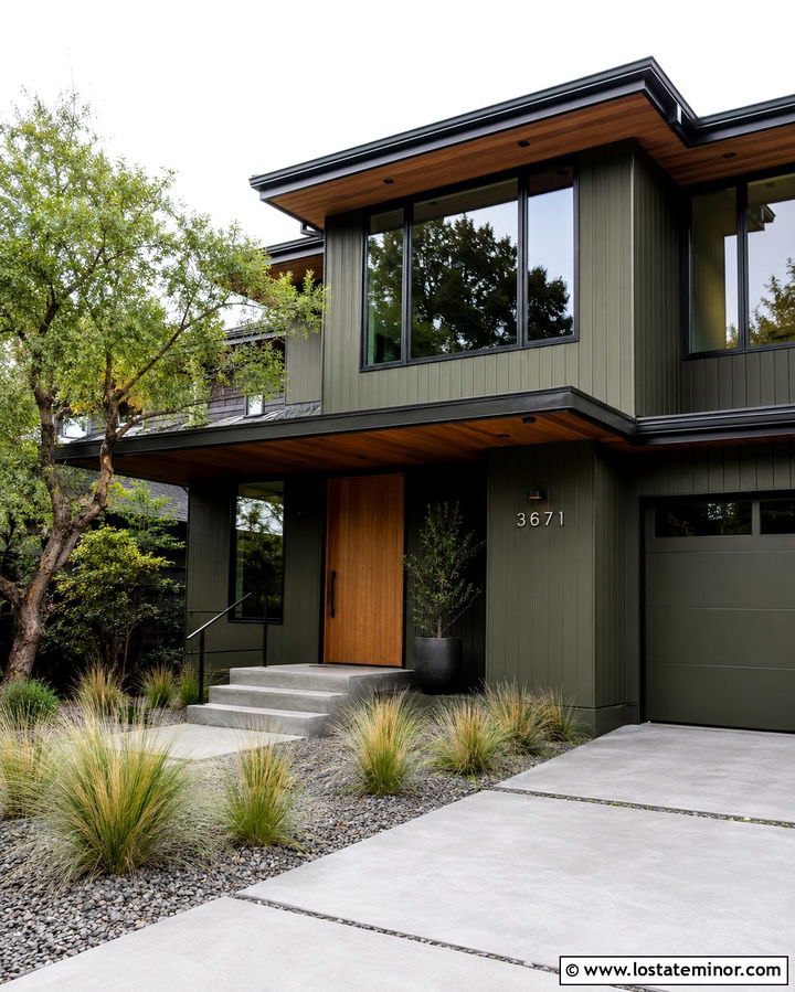 Olive Green Modern House With Floating Steel House Numbers - 30 Olive Green House Design With House Numbers Ideas