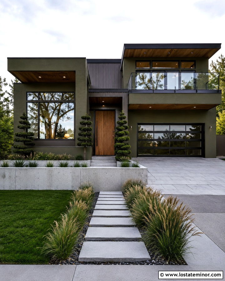 Olive Green Modern House With Glass Railings - 30 Olive Green House Design With Railings Ideas