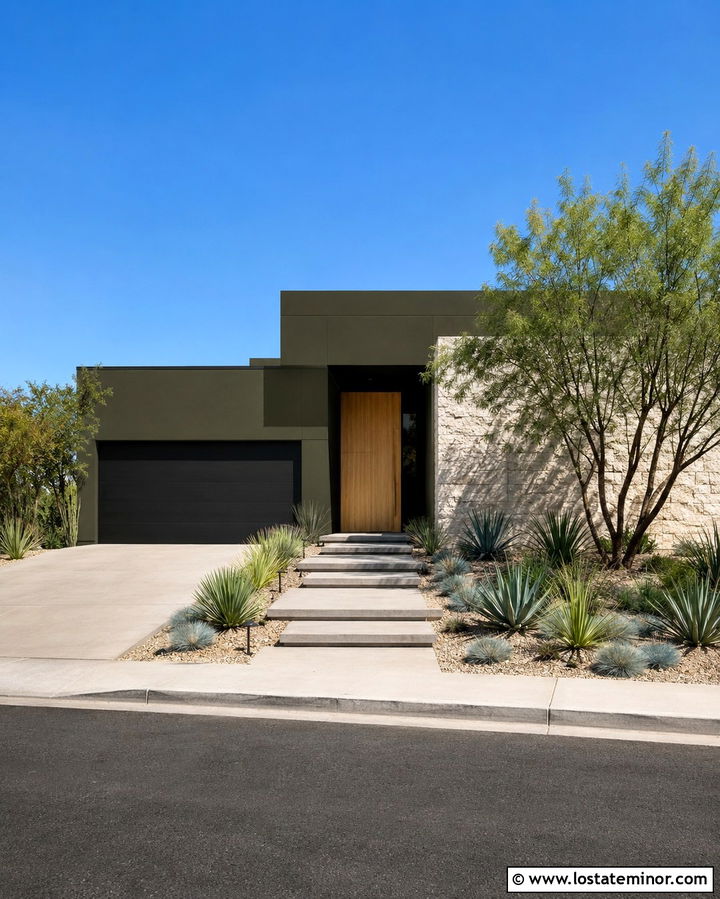 Olive Green Modern House With Gravel Landscaping - 30 Olive Green House Design With Landscaping Ideas
