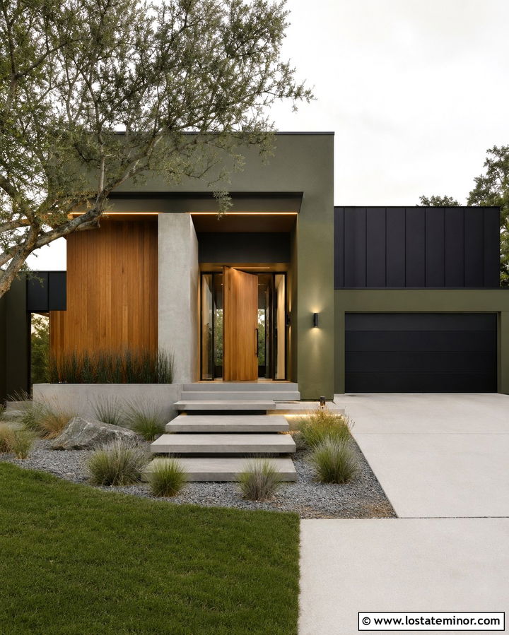 Olive Green Modern House With Linear Lighting - 30 Olive Green House Design With Lighting Ideas