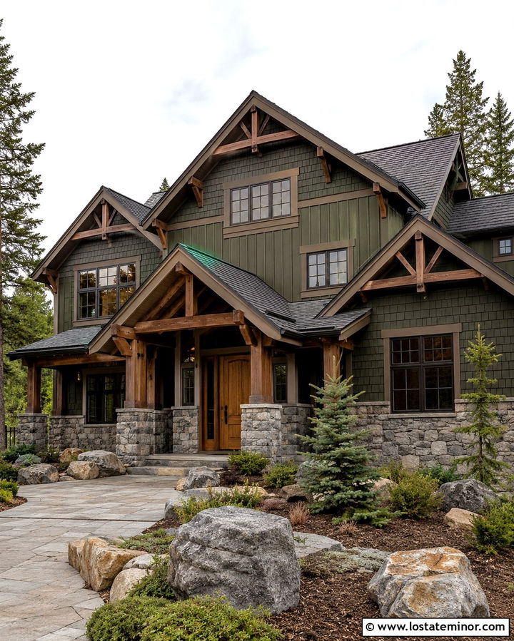 Olive Green Mountain House With Multiple Gables - 30 Olive Green House Design With Gables Ideas
