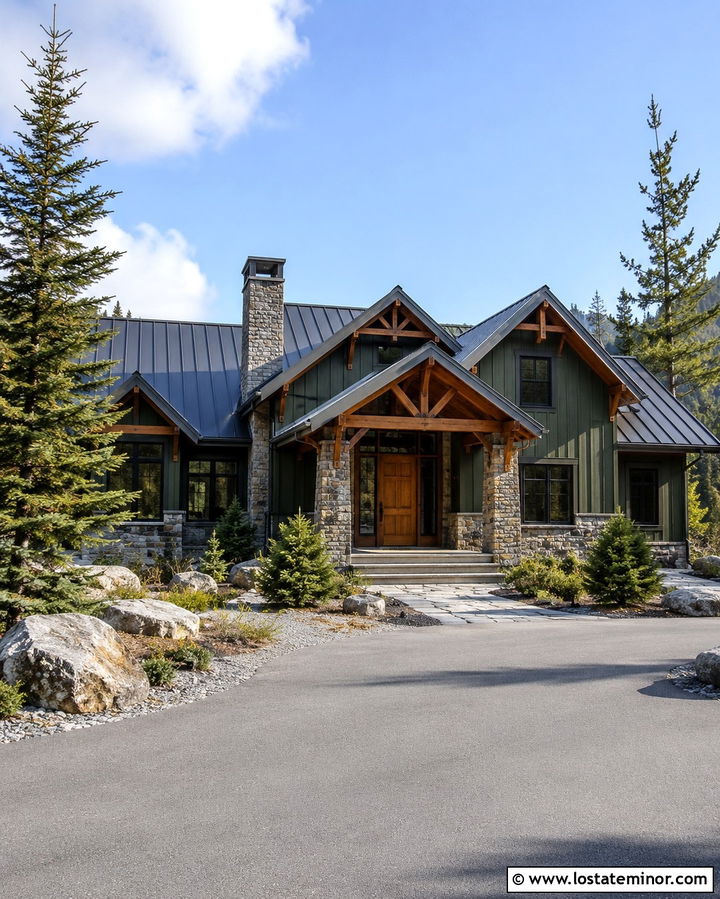 Olive Green Mountain House With Rustic Stone - 30 Olive Green House Design With Stone Accents Ideas