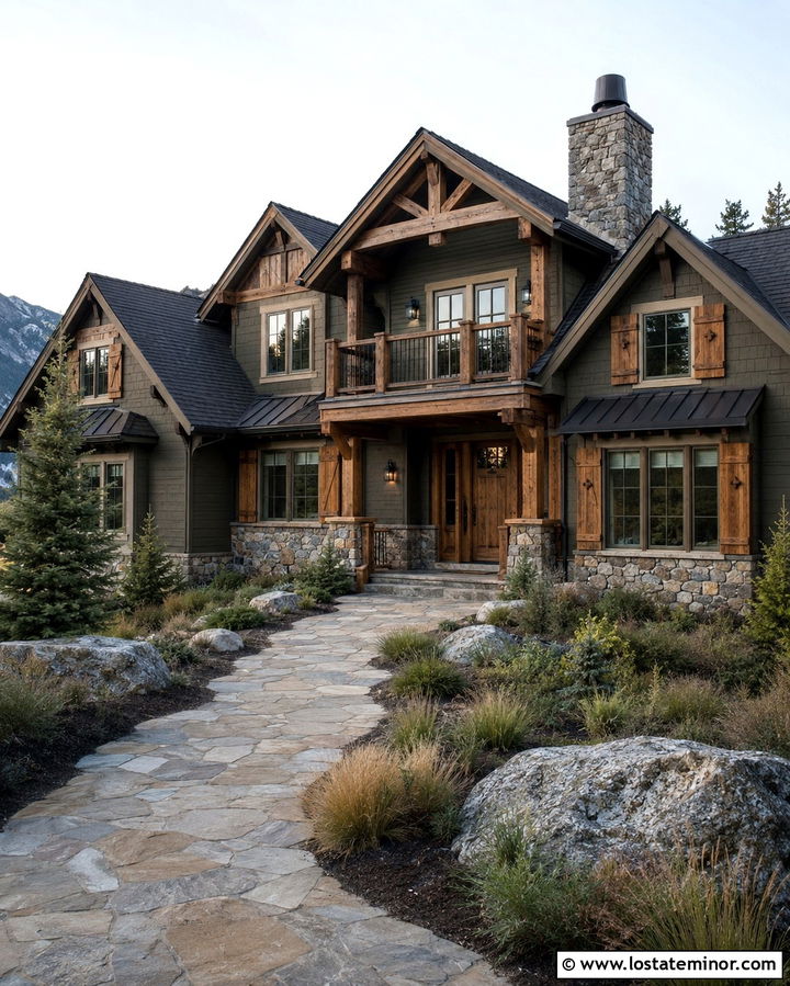 Olive Green Mountain House With Rustic Wood Shutters - 30 Olive Green House Design With Shutters Ideas