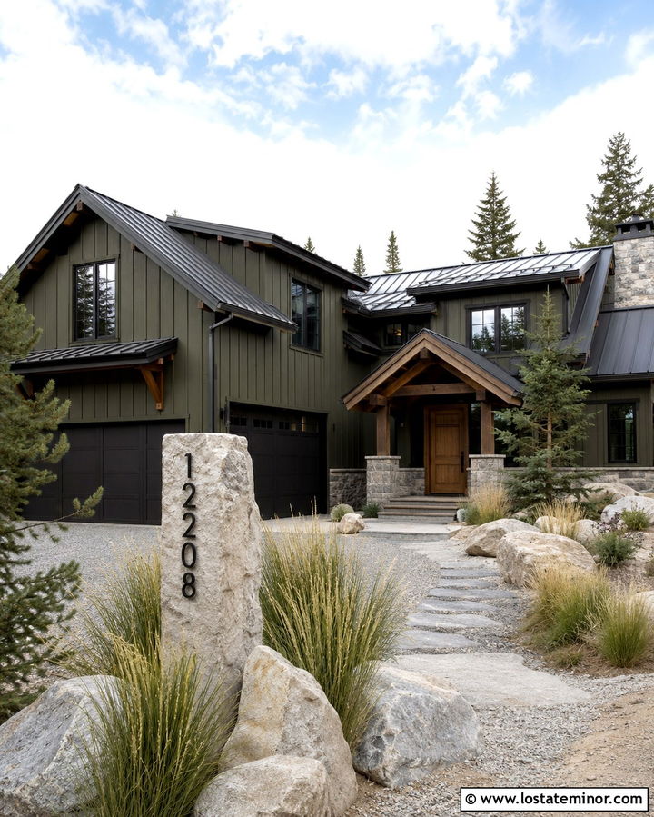 Olive Green Mountain House With Stone Address Numbers - 30 Olive Green House Design With House Numbers Ideas