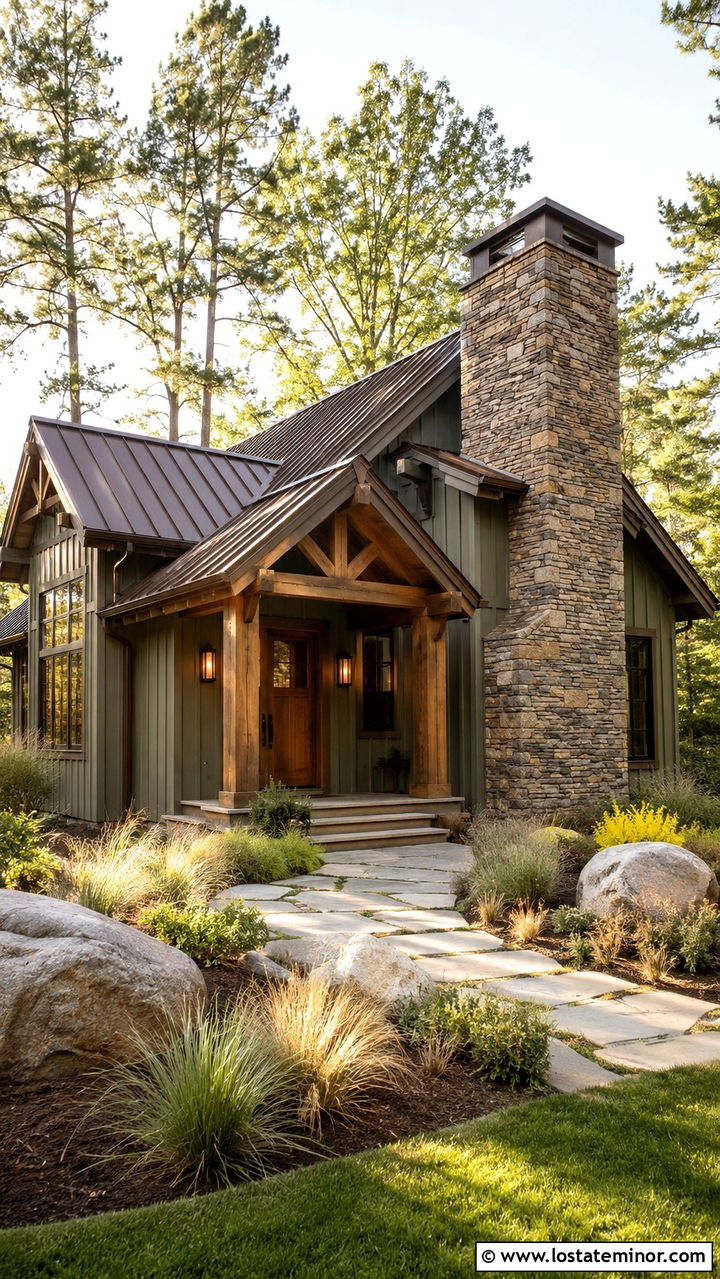 Olive Green Mountain House With Stone Chimney - 30 Olive Green House Design With Chimney Ideas