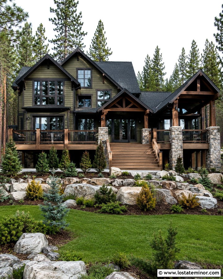 Olive Green Mountain House With Stone Deck Base - 30 Olive Green House Design With Deck Ideas