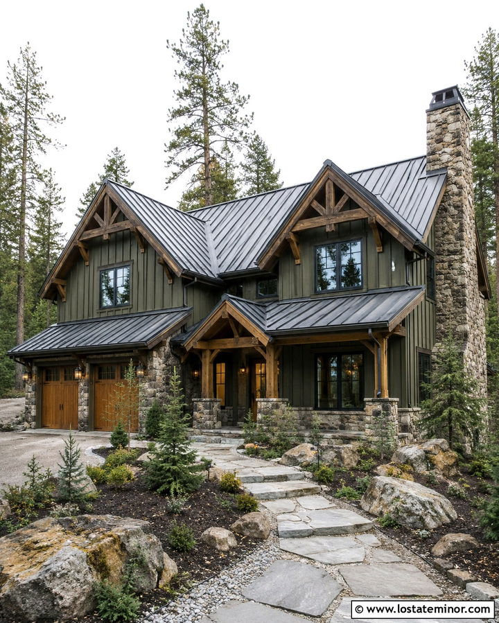 Olive Green Mountain House With Stone Dormers - 30 Olive Green House Design With Dormers Ideas