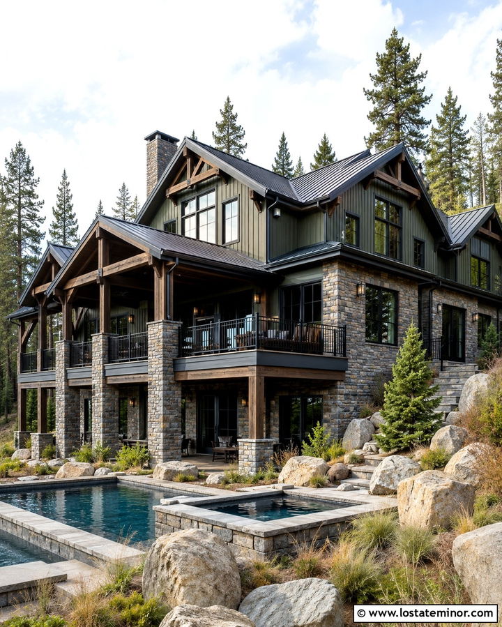 Olive Green Mountain House With Stone Pool - 30 Olive Green House Design With Swimming Pool Ideas