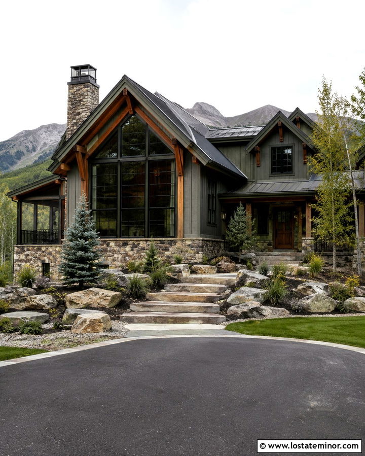 Olive Green Mountain House With Stone Sunroom - 30 Olive Green House Design With Sunroom Ideas